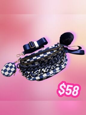 Bum Bag Bundle Deal Navy Checkered Nylon Crossbody + 2 Acrylic Chain & Pom Pom